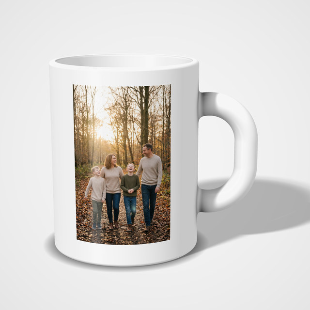 White ceramic mug, 15oz with a family photo printed on it