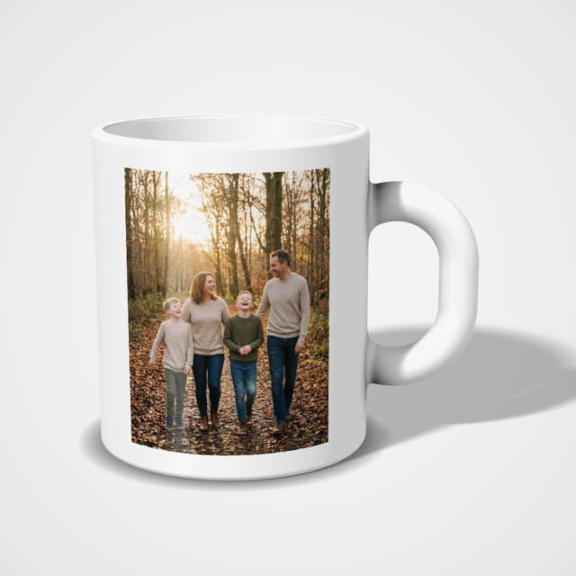 White ceramic mug, 11oz with a family photo printed on it