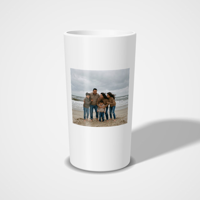 Stainless steel tumbler, 14oz with a family photo printed on it